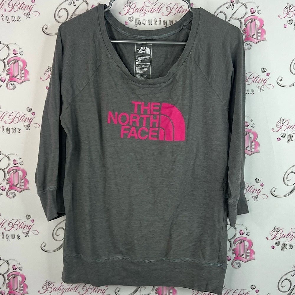 The North Face pull over top shirt Charcoal Top with Vibrant Pink Logo